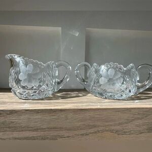 American Brilliant Cut Glass
Crystal Sawtooth Creamer Sugar Bowl
Etched Flower